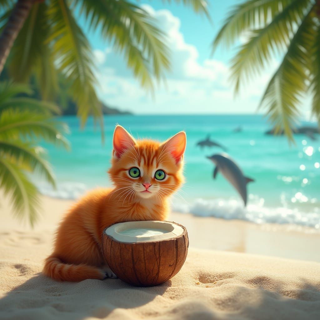 Vibrant Kitten in Tropical Paradise with Dolphins