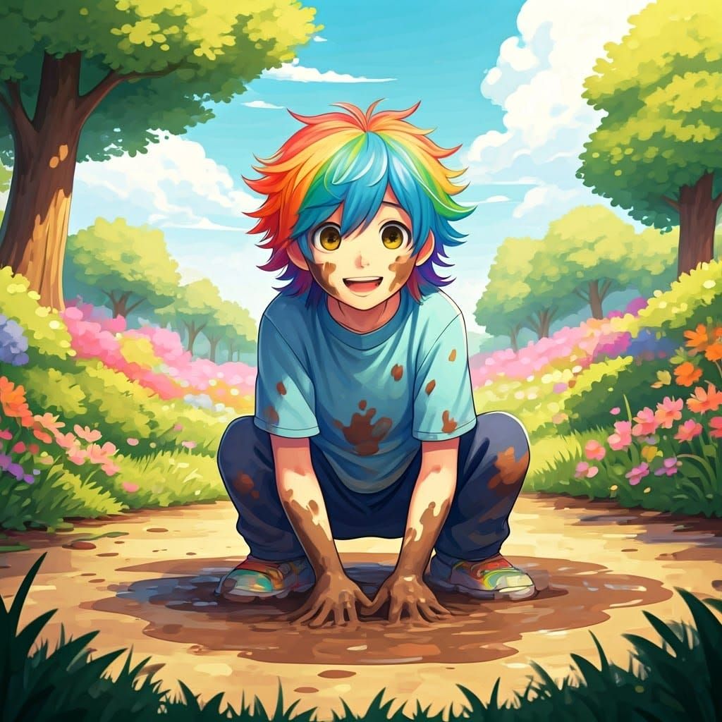 Rainbow-Haired Boy's Muddy Garden Adventure