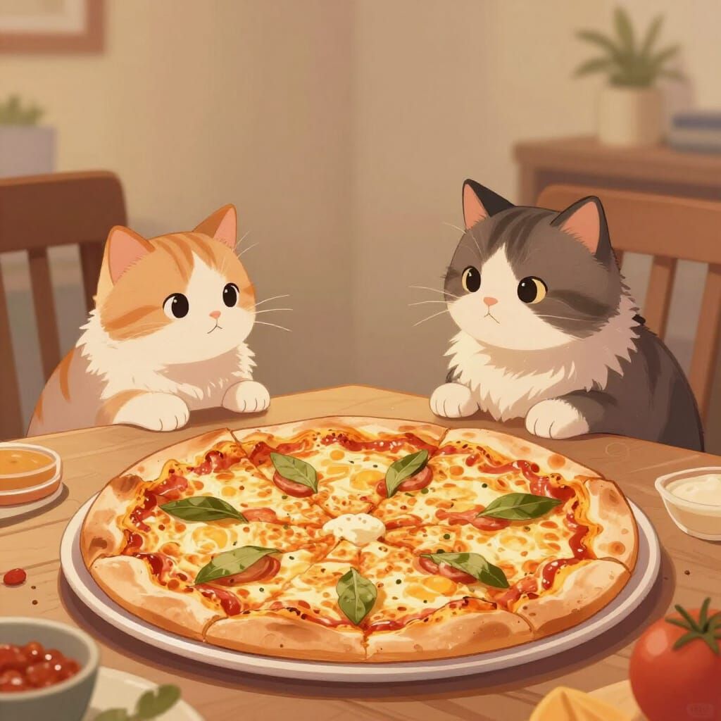 Cozy Home Pizza Scene with Curious Cats