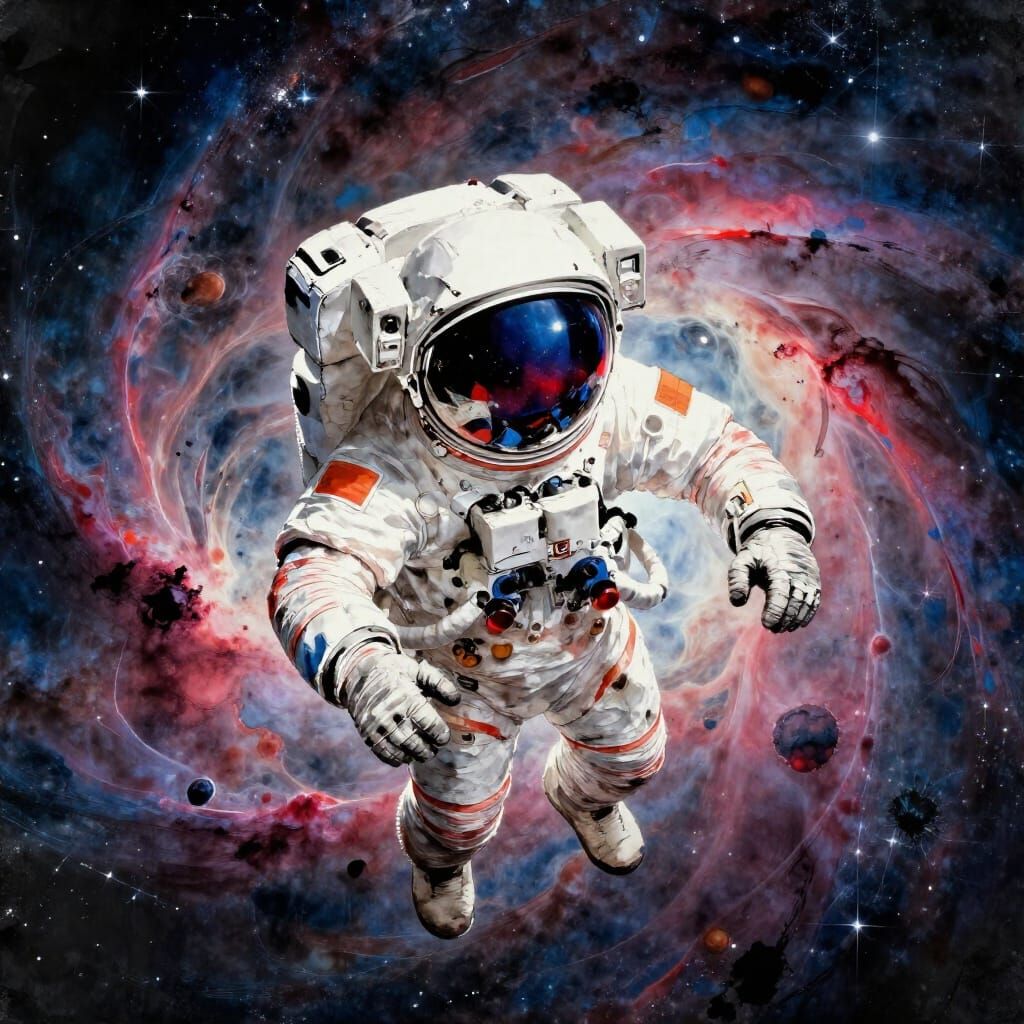 Astronaut Adrift in Swirling Nebula