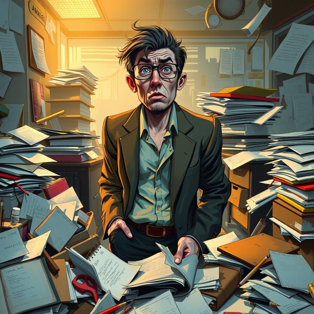 Overwhelmed Office Worker in a State of Disarray