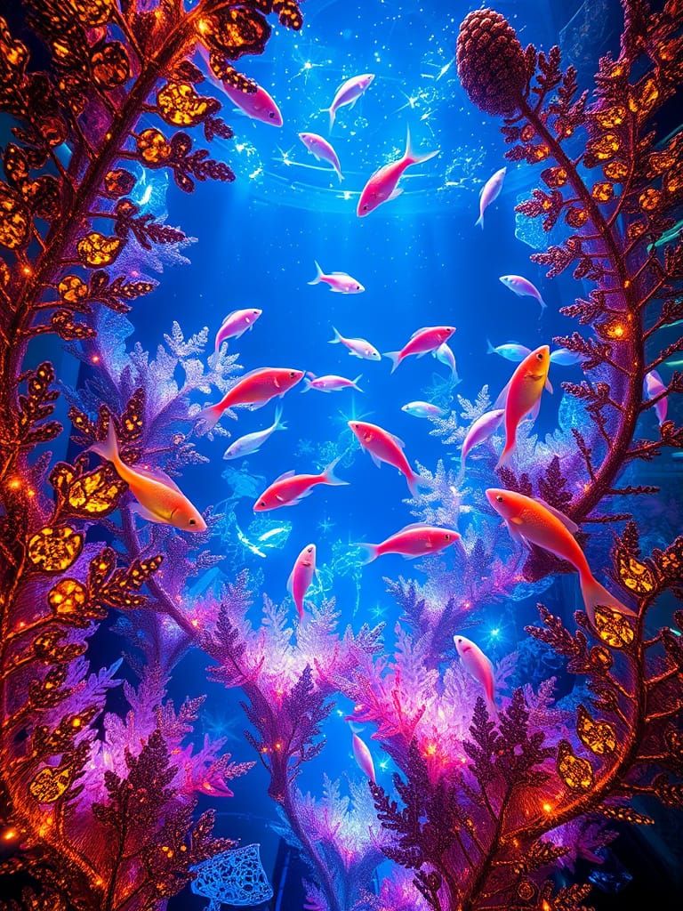 Giant Crystal Fern Aquarium with Psychedelic Fish