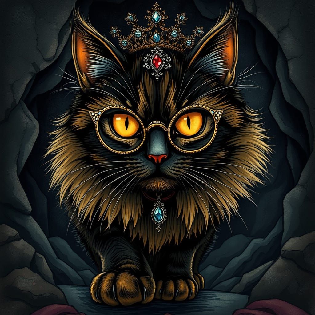 Regal Tortoiseshell Cat Guards Medieval Dungeon