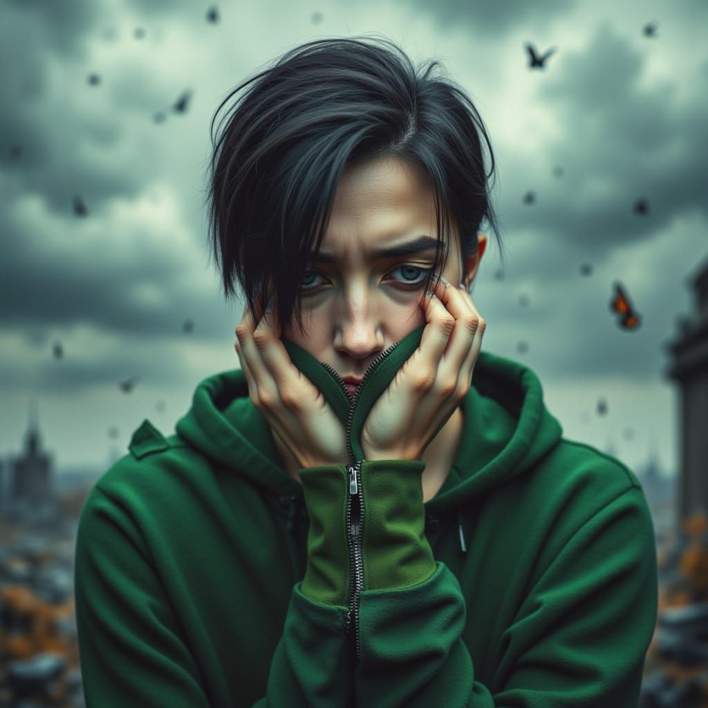 Emo Man With Zippered Neck on Stoop