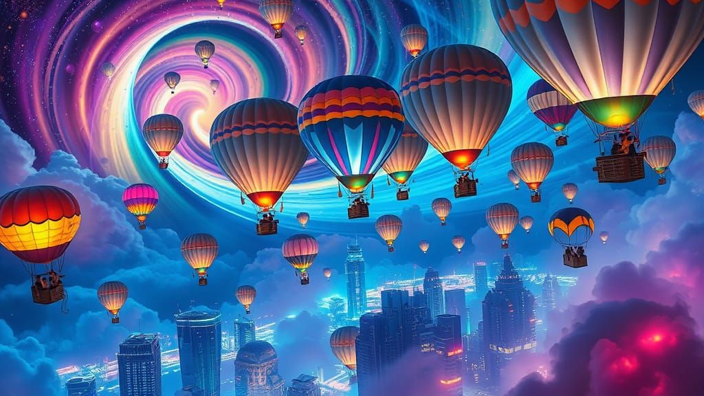 Vibrant Cosmic Cloudscape with Hot Air Balloons and Fanciful...