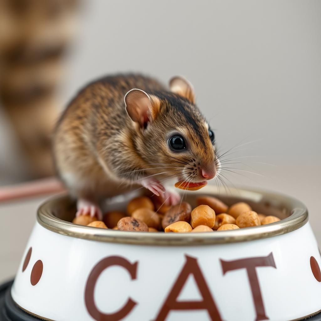 Round Mouse Stealing Cat Food