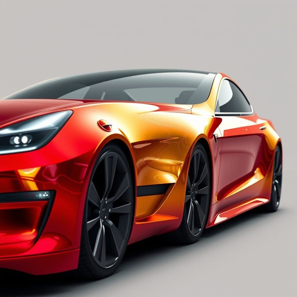 Luxury Futuristic Tesla Concept Car in Gold with Blood-Red A...