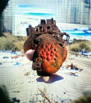 Rusty Strawberry Grenade on Sandy Beach