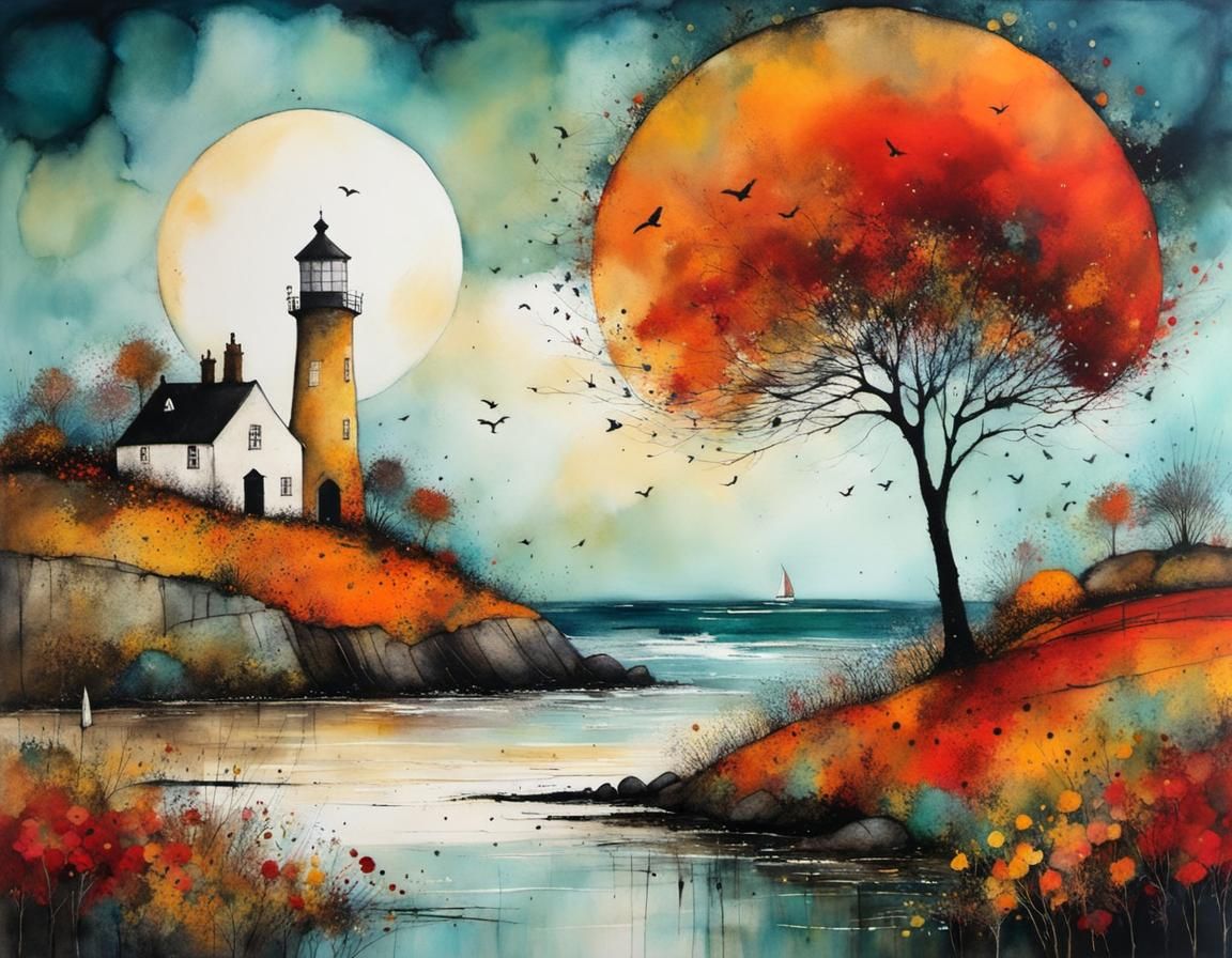 Autumn Seashore Whimsical Alcohol-Ink Landscape