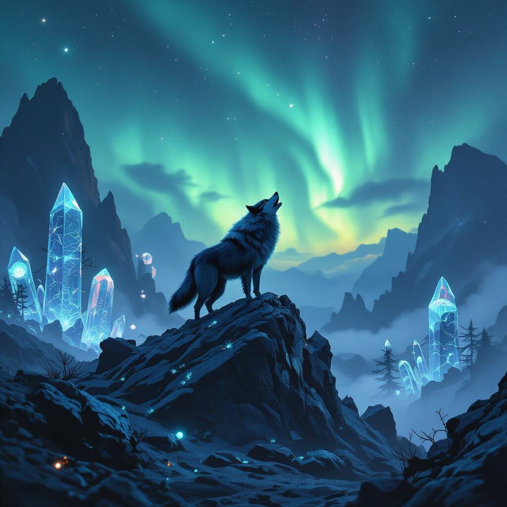 Bioluminescent Wolf Howling Under Aurora Borealis