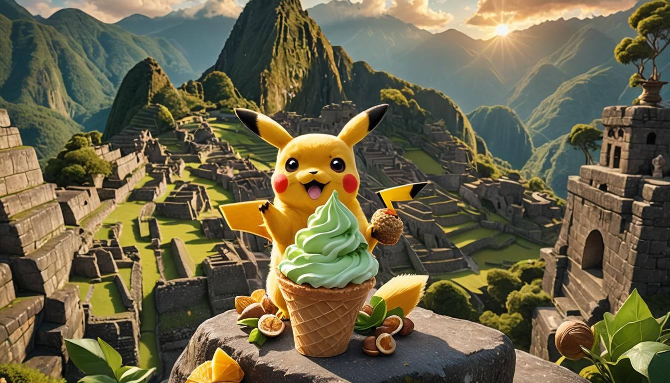 Machu Picchu Pikachu enjoys Matcha Icecream on holiday