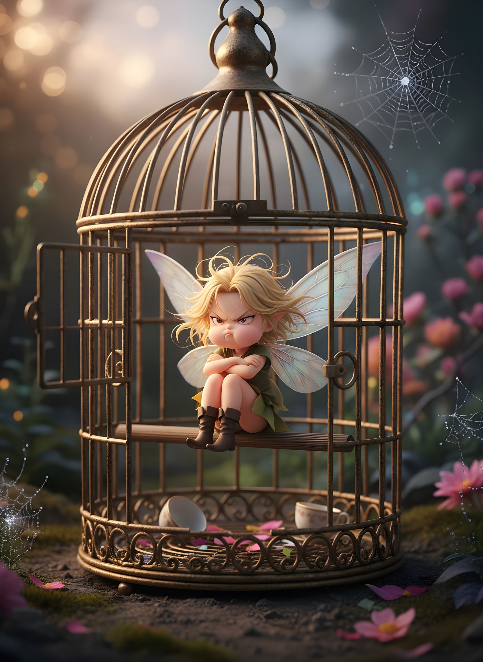 Pouting Fairy Trapped in Bird Cage - Realistic Anime Style