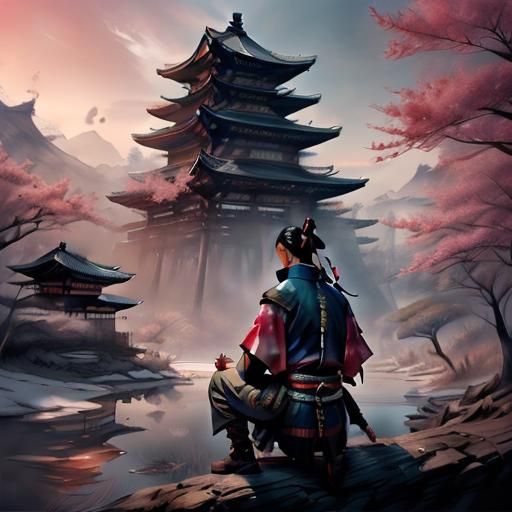 Lonely Samurai Contemplating Past in Watercolor Portrait