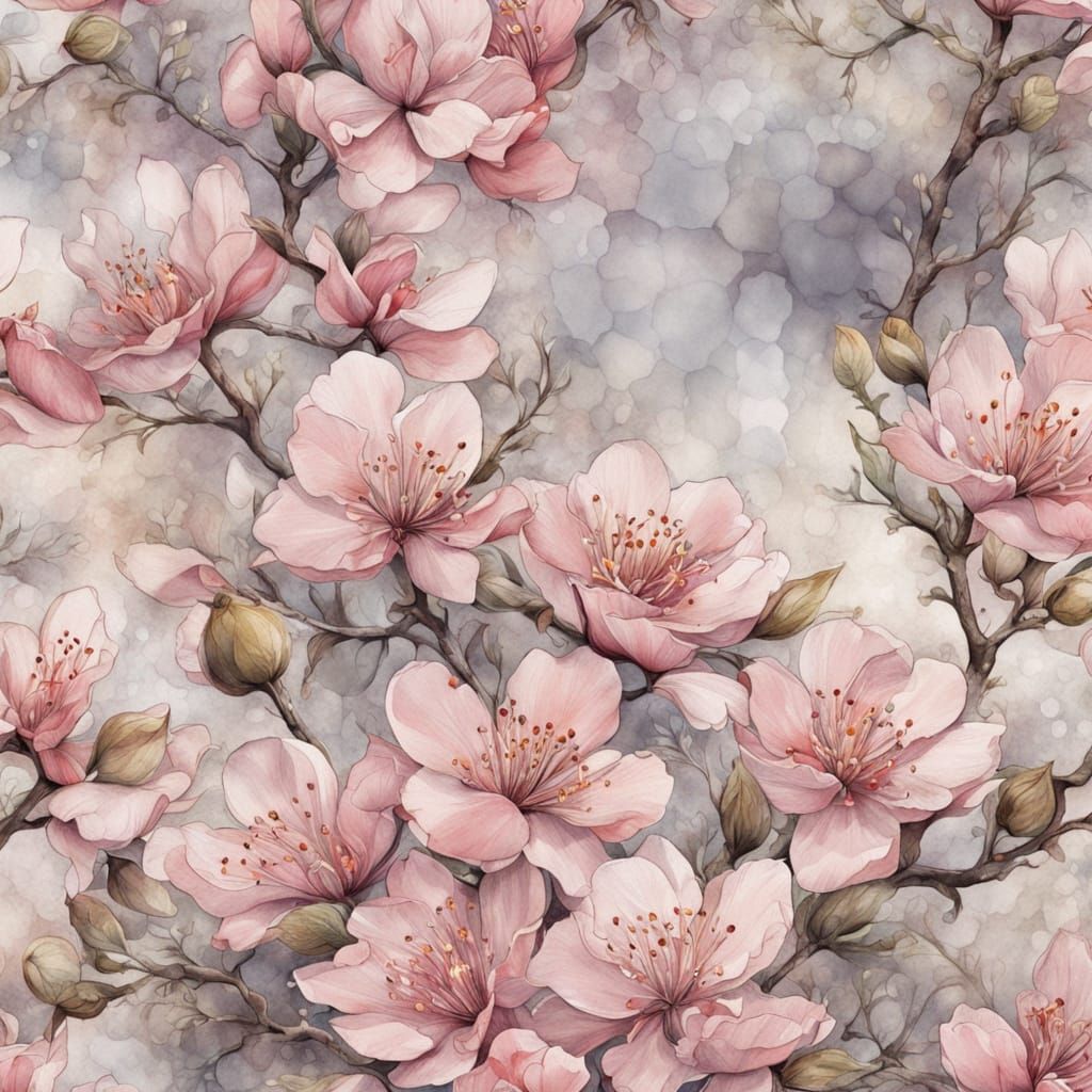 Vintage Sakura Flowers in Glass Vase, Botanical Art