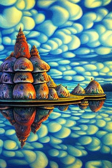 Mushroom Castle in Lake: Neo-Impressionist Painting