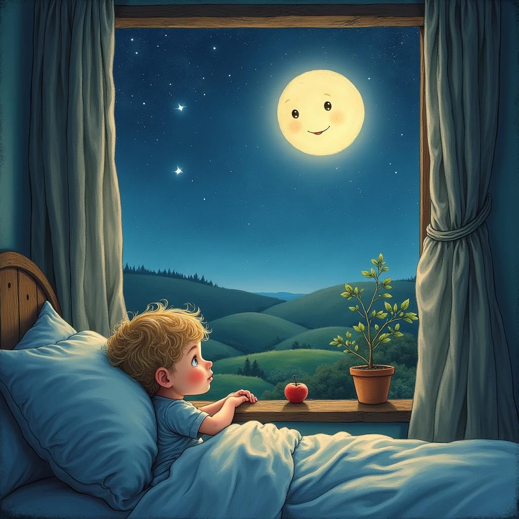 Child and Moon in Whimsical Watercolor Landscape