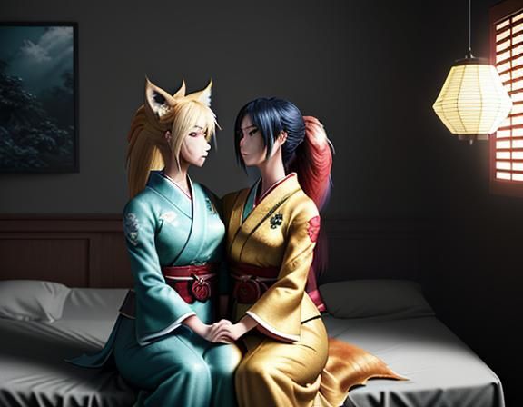 Two Kitsune Kissing in Manga-Inspired 3D Render