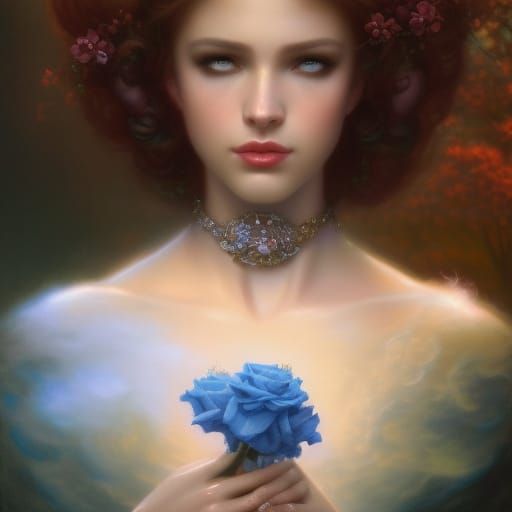80s dark fantasy good witch with black hair& blue eyes& blue dress with blue roses& hold a doves