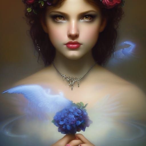 80s dark fantasy good witch with black hair& blue eyes& blue dress with blue roses& hold a doves