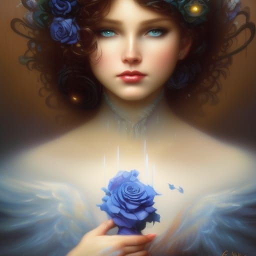80s dark fantasy good witch with black hair& blue eyes& blue dress with blue roses& hold a doves