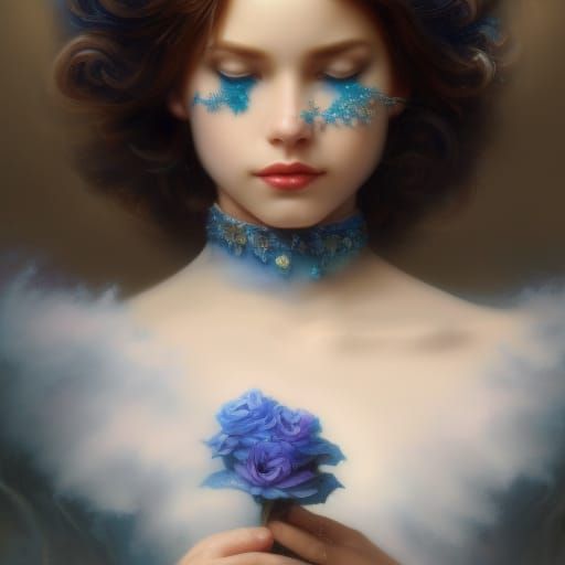 80s dark fantasy good witch with black hair& blue eyes& blue dress with blue roses& hold a doves