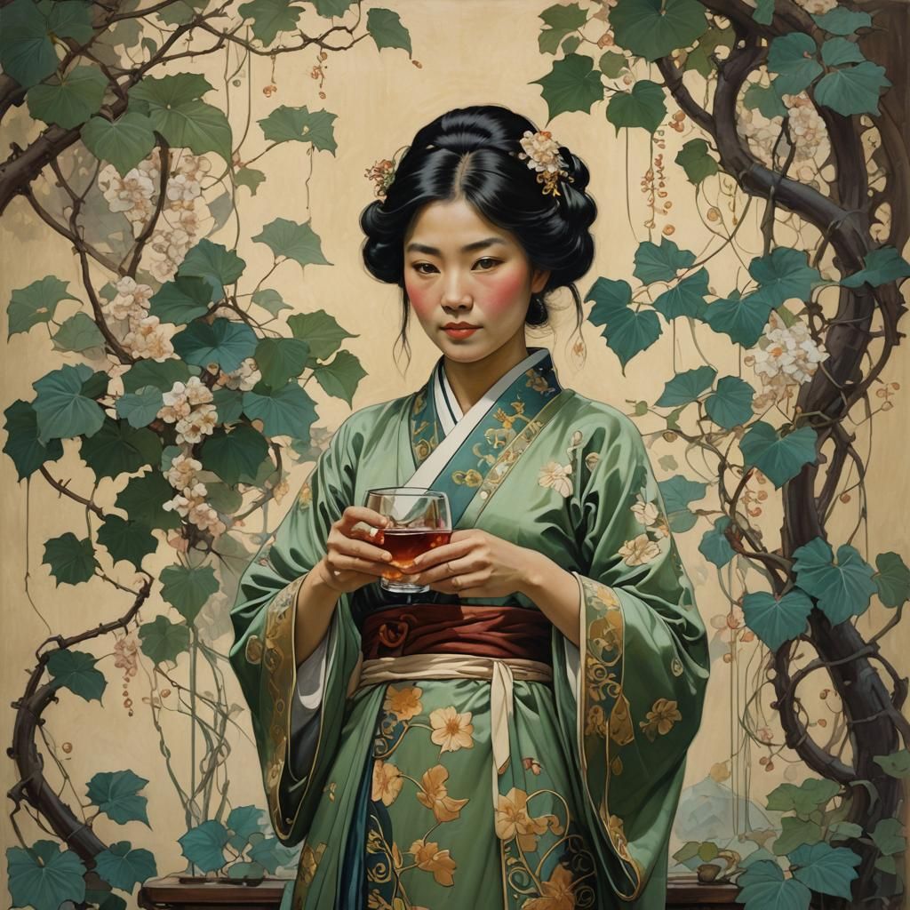 Asian Woman with Sake: Art Nouveau Oil Painting