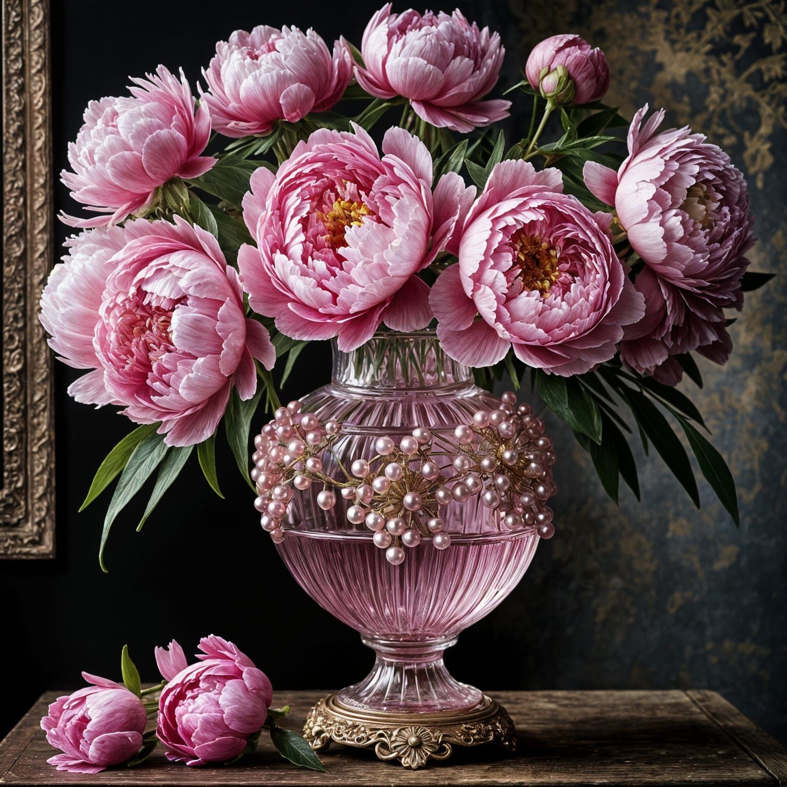 Pink Peonies in an Ornate Glass Vase