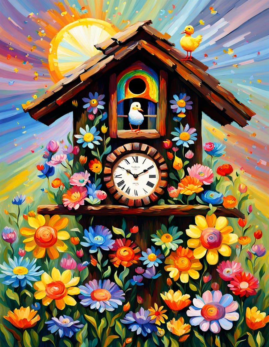 Impressionist Cuckoo Clock with Fairy and Duck