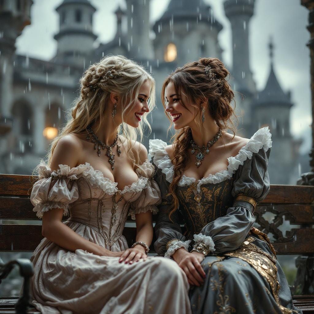 Steampunk Castle Scene with Women in Baroque Attire