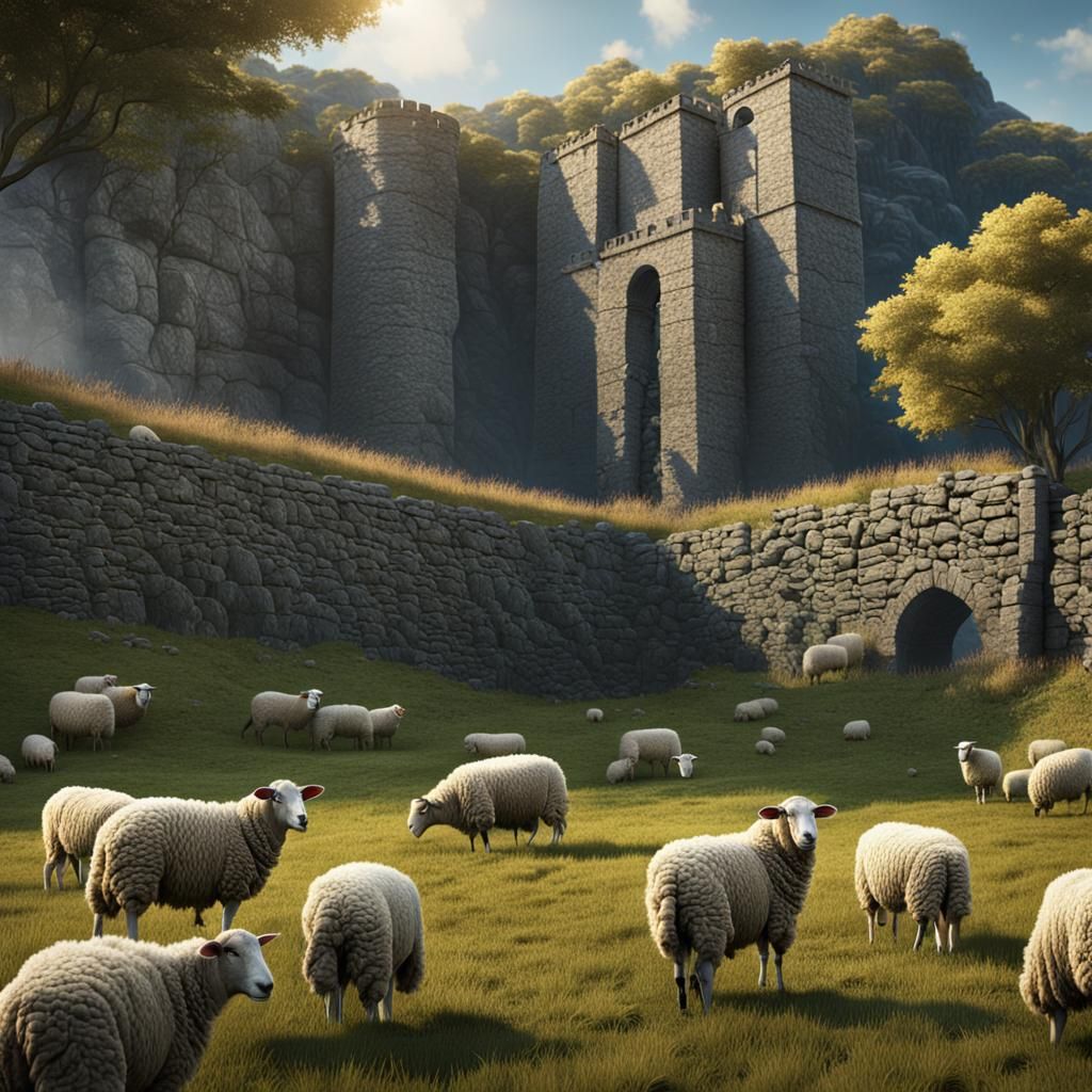 Sheep Grazing in Field: Detailed Matte Painting