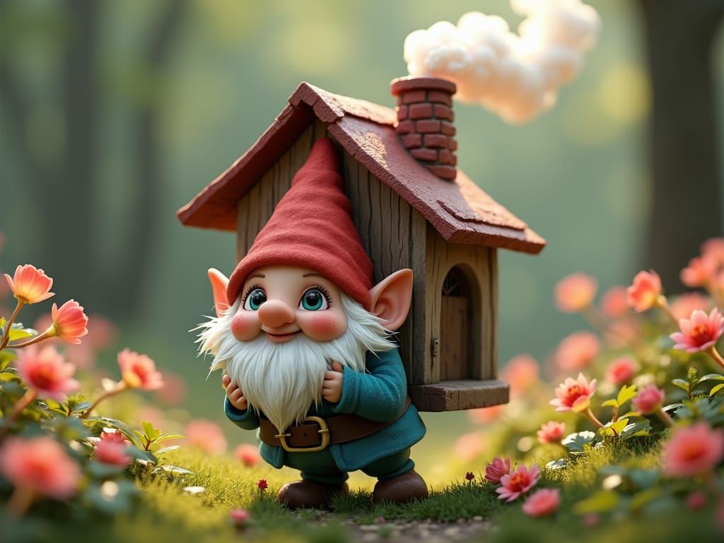 Garden Gnome with House in Enchanted Forest