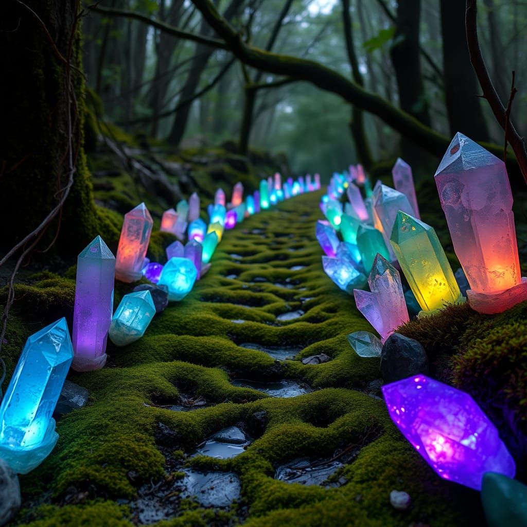 Mystical Forest Path in Glowing Crystal Aesthetic
