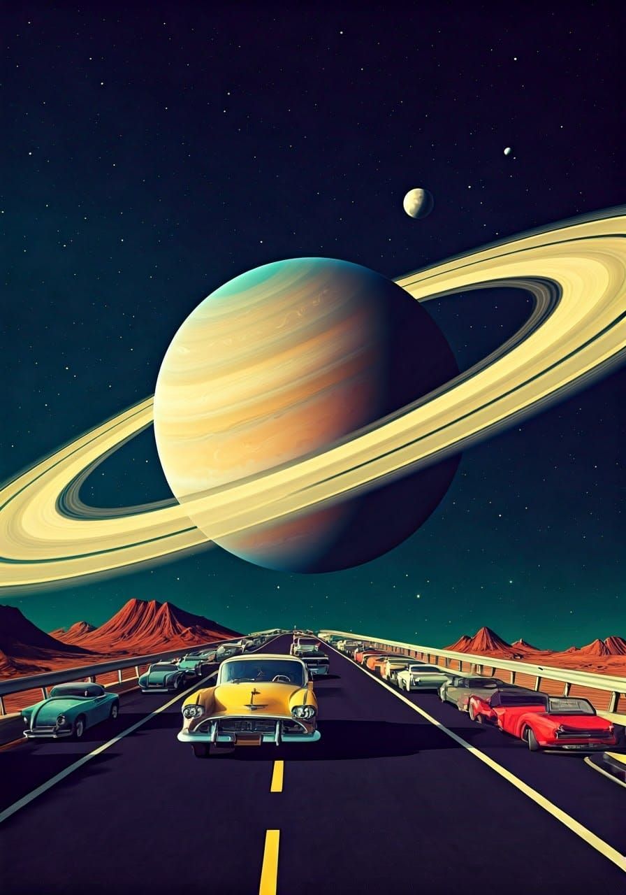 Surreal Retro-Futuristic Scene in Outer Space with Majestic....