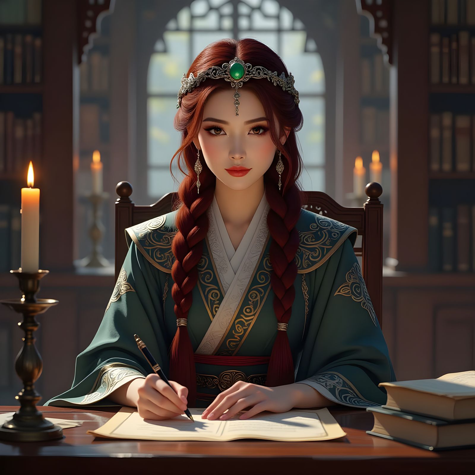 Asian Woman in Library with Silver Headband
