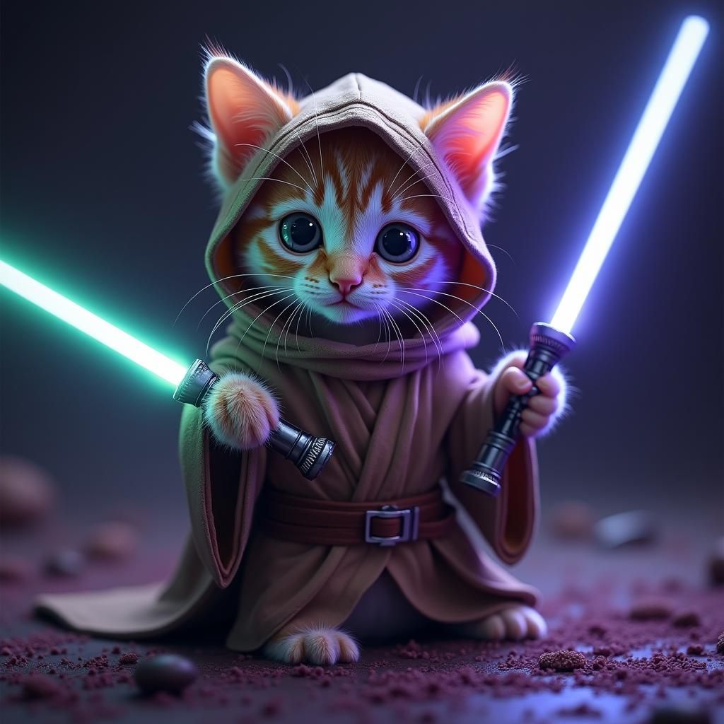 Impossibly cute, big-eyed kitten dressed in miniature Jedi a...