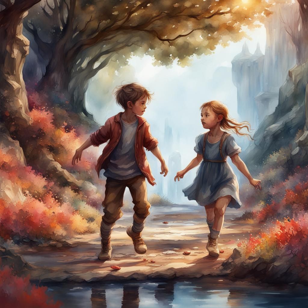 Children's Watercolor Painting: Boy and Girl Playing