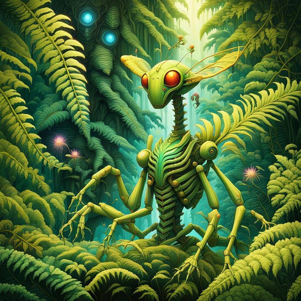 Mantis Merging with Biomechanical Fern, Cel-Shaded Style
