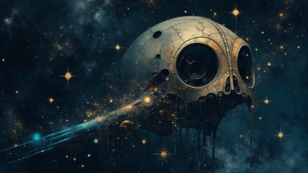 Spaceship Fleets Giant Alien Skull in Cosmic Void