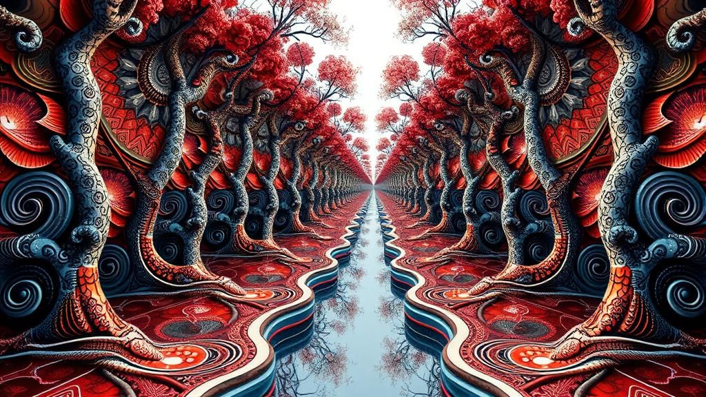 Surreal Symmetrical Scene in Japanese Art Style