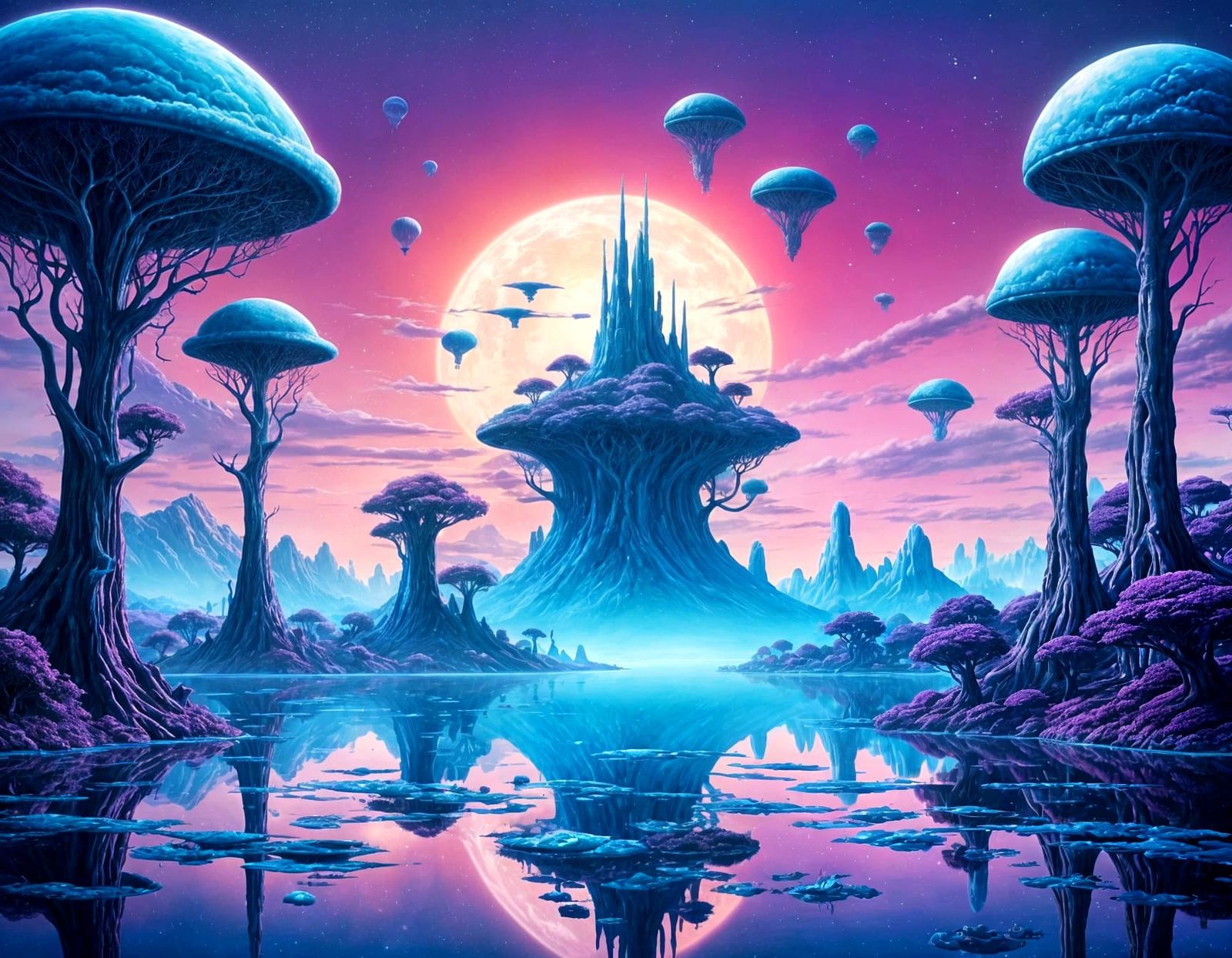 Surreal Surrealist Painting of Alien Landscape with Shuttles