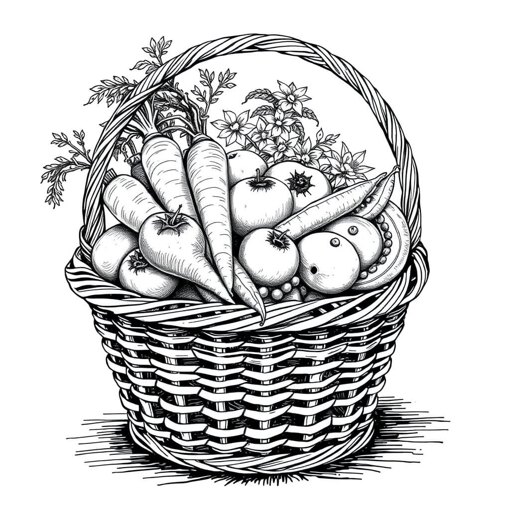 Vegetable Basket in Black and White Sketch Style