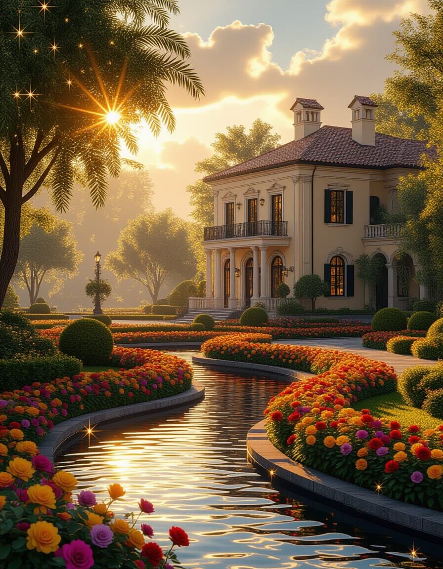 Prosperous Baroque Landscape with Golden Stars at Dawn