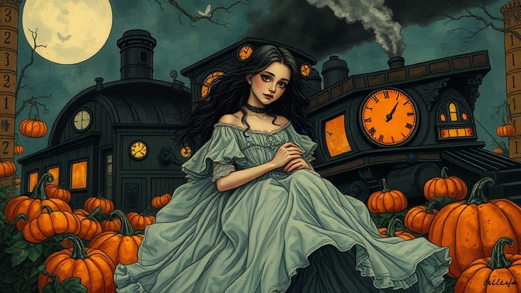 Girl on Ghost Train in Ink Painting Style