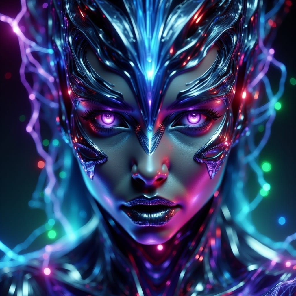 Cybernetic Goddess in Electric Blue and Neon Purple Hues