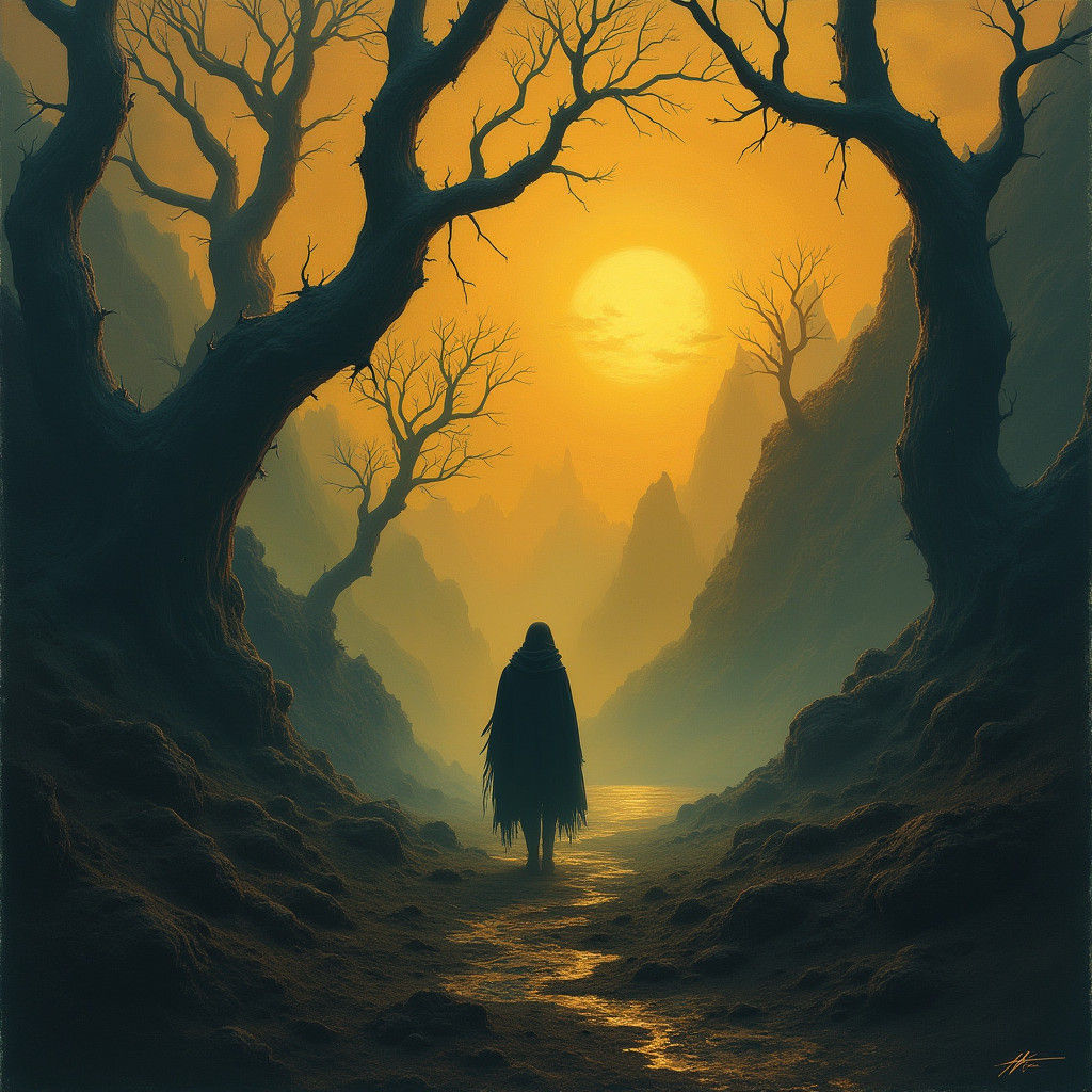 Eerie Landscape with Glowing Figure in Gritty Style
