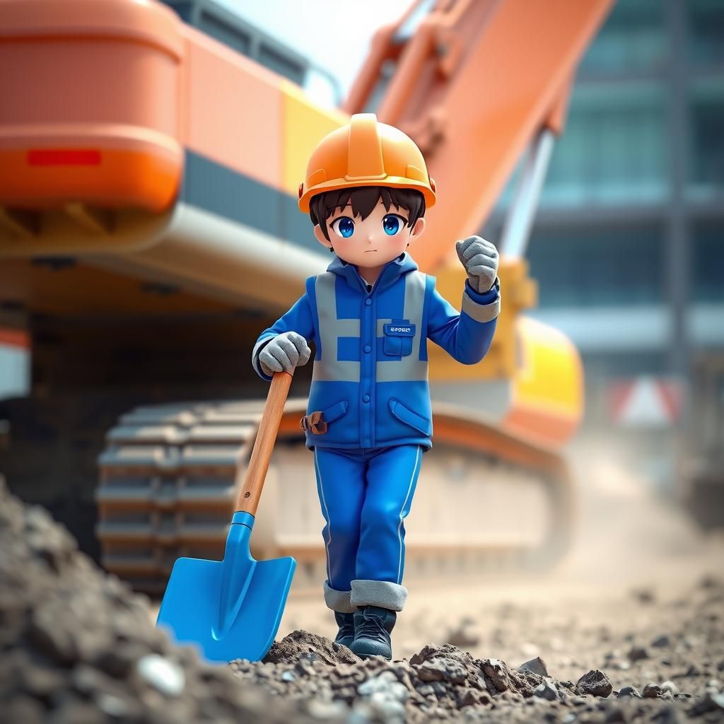 Anime Construction Worker Excavating with Shovel