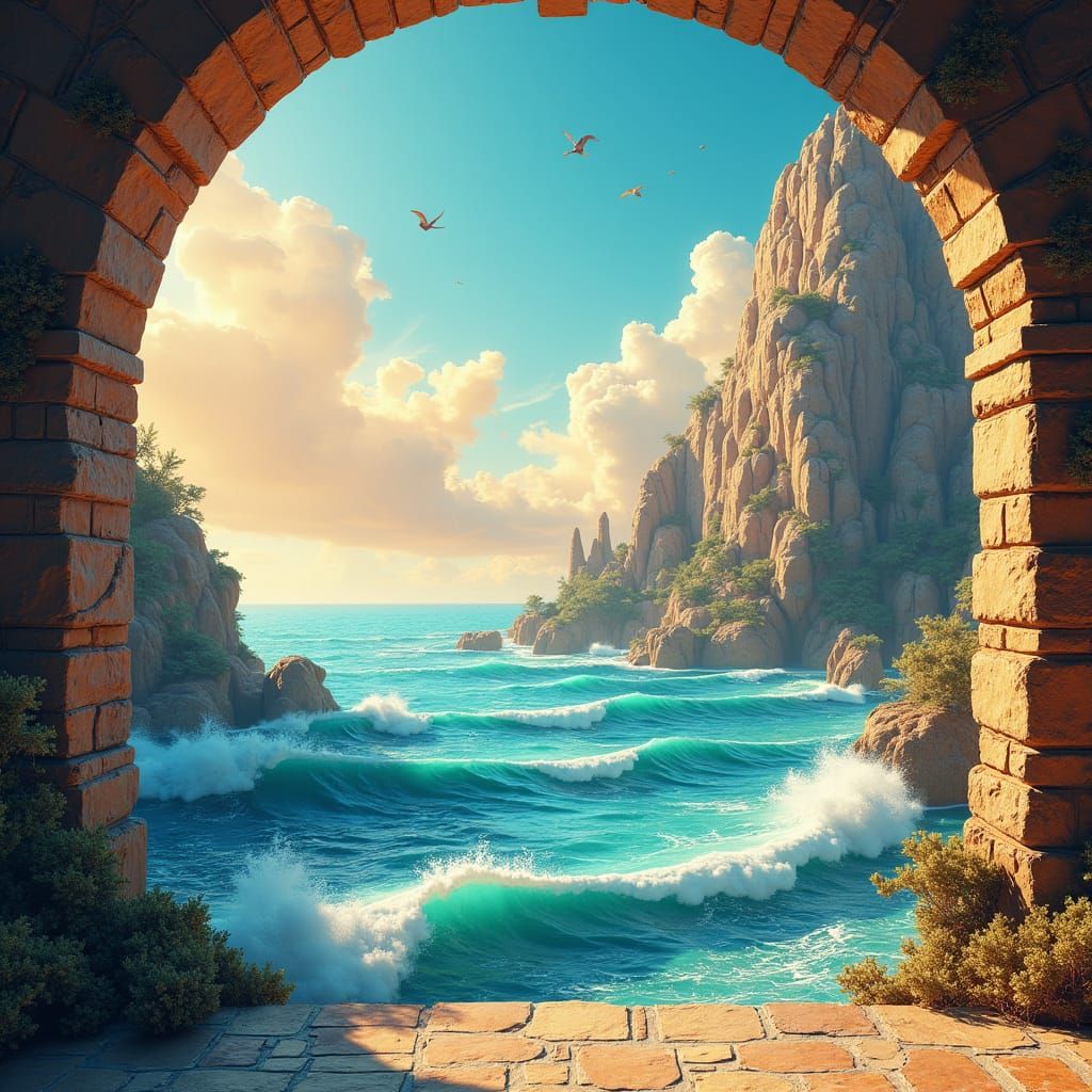 Stunning Art Deco Mural of Serene Sea View