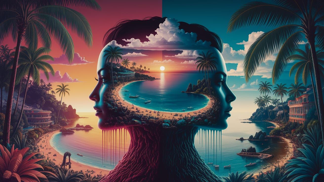 Dark Goddess Emerges from Tropical Sunset Landscape