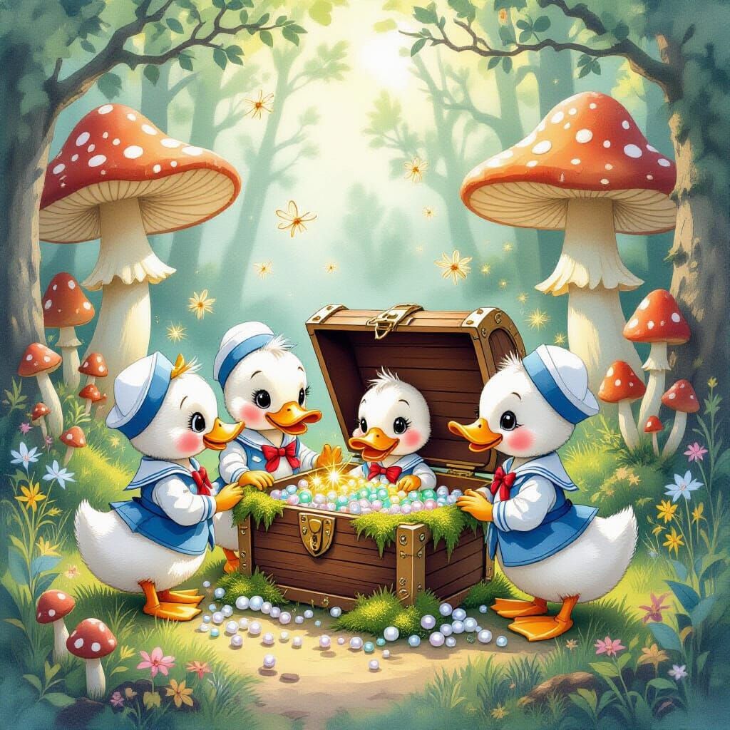 Whimsical Duck Family Discover Treasure in Enchanted Forest