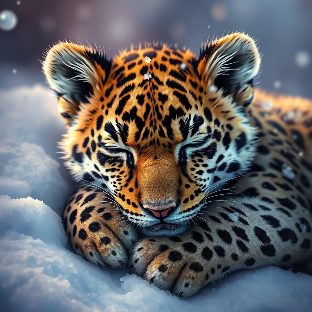 Adorable Baby Leopard Sleeping in Snow